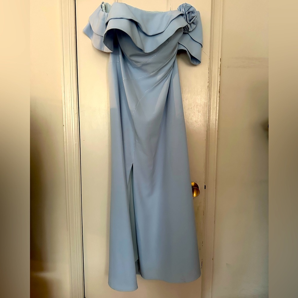 Blue Off-Shoulder Gown with Flutter Sleeves and Slit